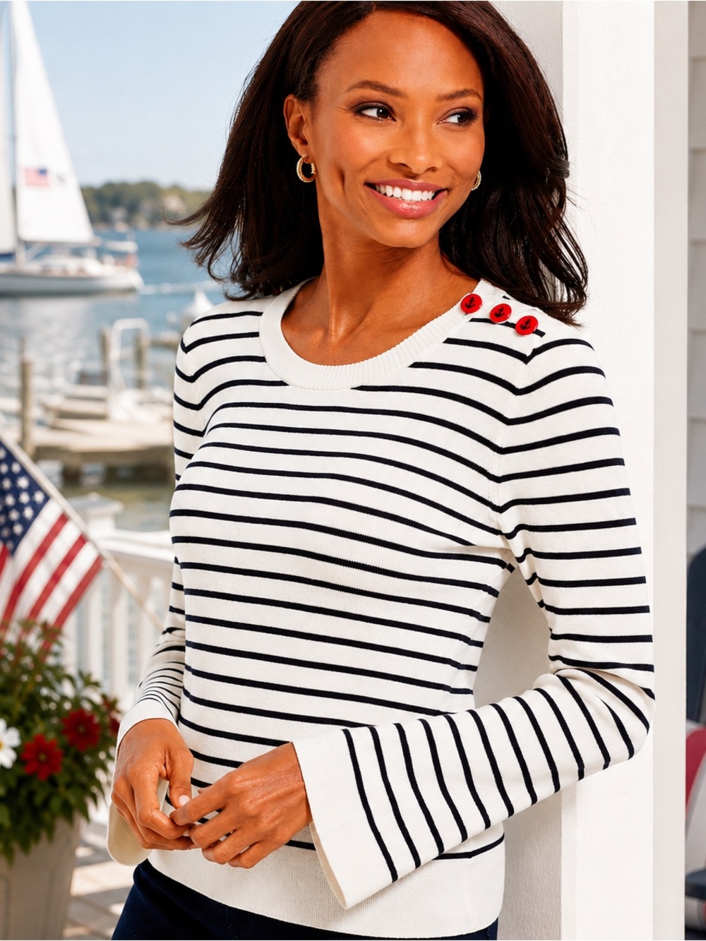 Talbots Nautical Stripe Sweater XL Anchor Button Bell Sleeve NWT